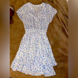 White and blue floral ruffle dress